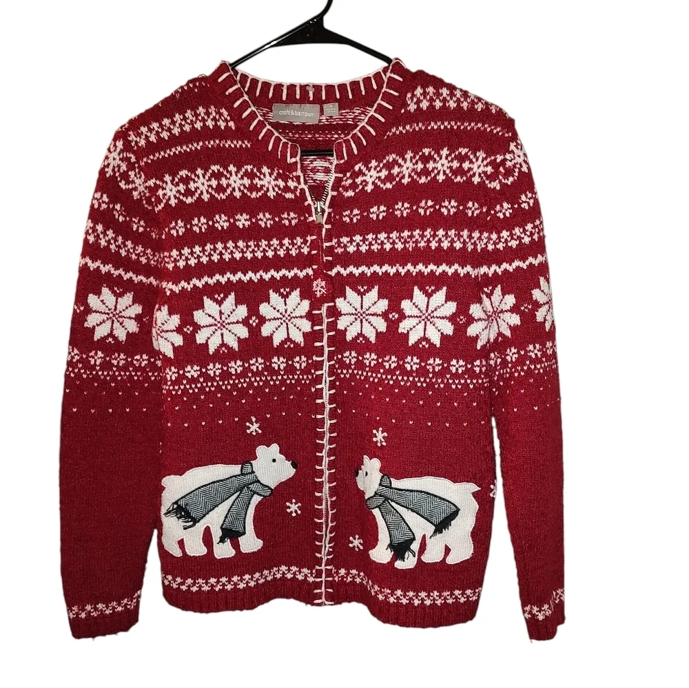Vintage Red And White Norwegian Fair Isle Polar Bear Knit Sweater With Zipper